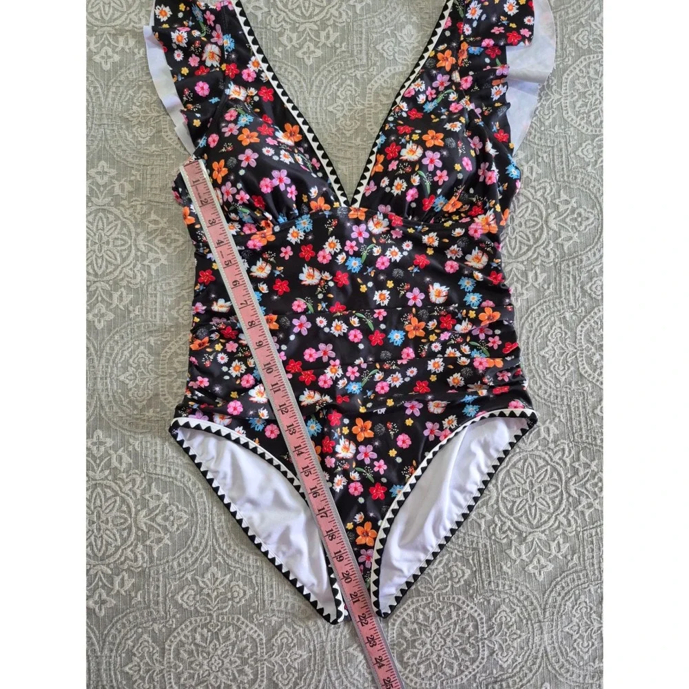 Aidonger Floral One Piece Swimsuit‎ Ruffle V-Neck Black Multicolor XL NWT